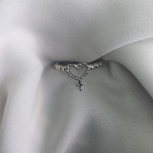 Anel Falange Karlotta Gabriela Coração com Cruz Folheado Rodio Branco